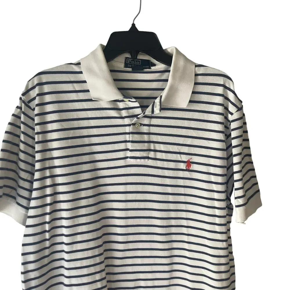 Polo By Ralph Lauren Men's Size Large White Blue Striped Short Sleeve Polo‎